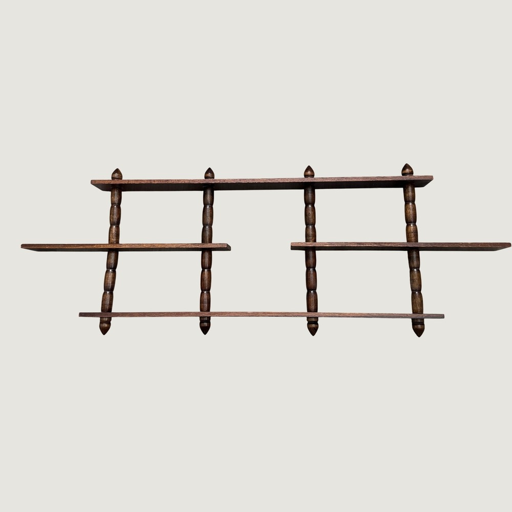 Vintage Wooden Spindle Wall Shelf Dark Wood Trinket Display Curio Rack
